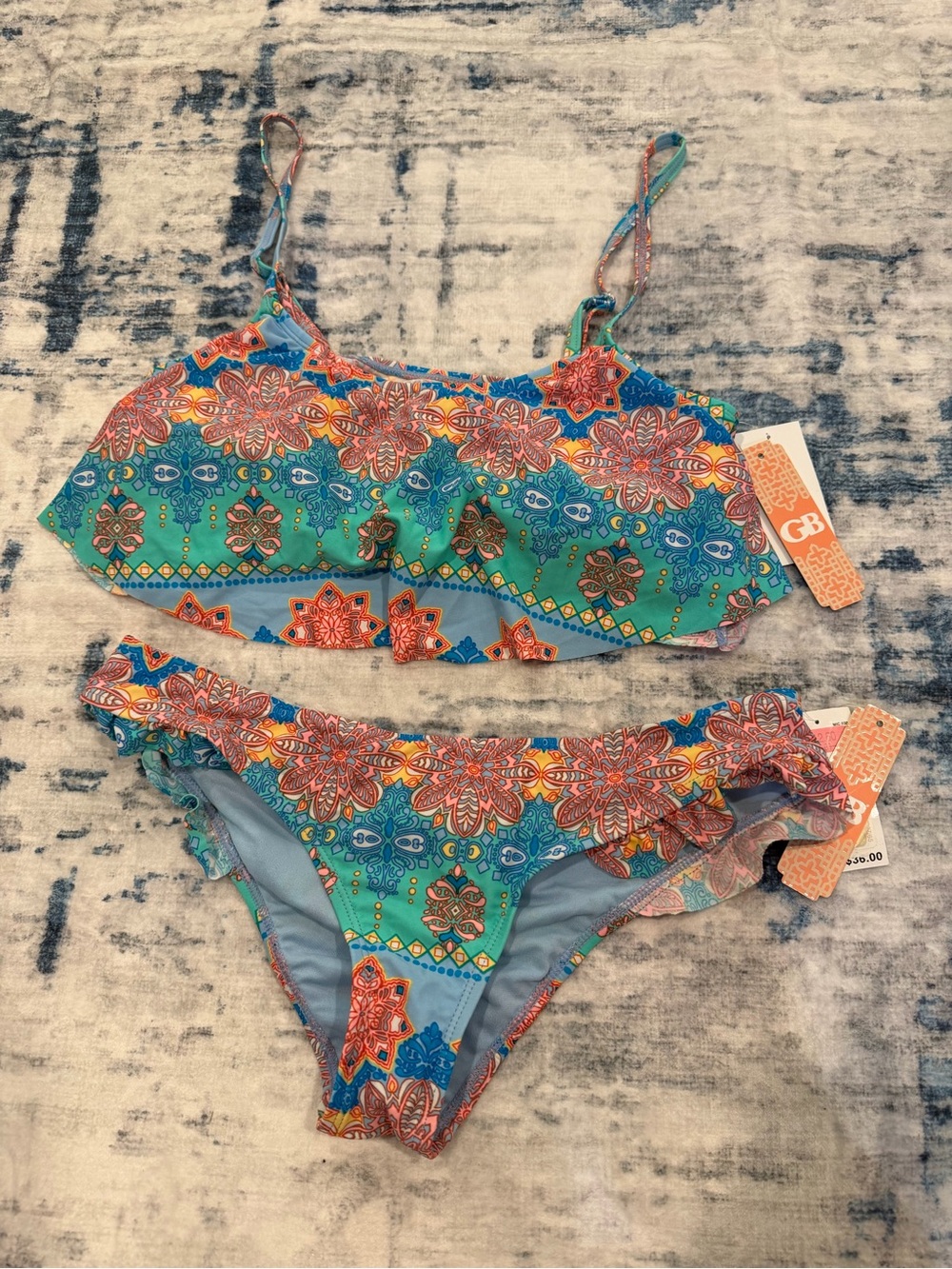 Gianni Bini Teal, Blue & Coral Floral Ruffle Bikini